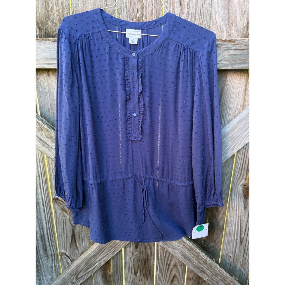 Liz Claiborne Modern Romance Navy Blue Clip Dot Ruffle Henley Blouse XL NEW
